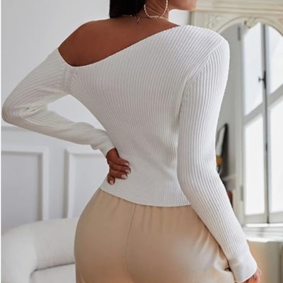 Commense Ribbed One-Shoulder Sweater Top White Size Large Trendy Minimalist - Picture 2 of 10